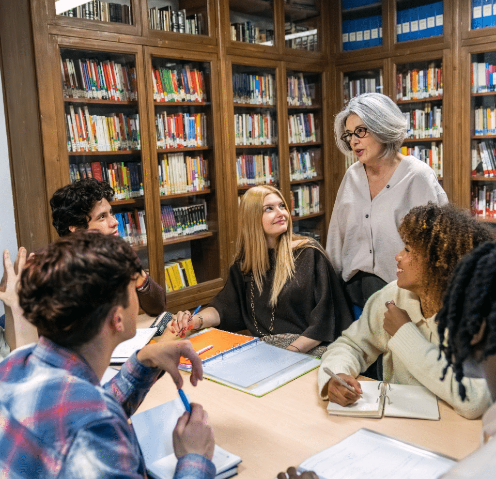 diverse-students-learning-with-teacher-in-library